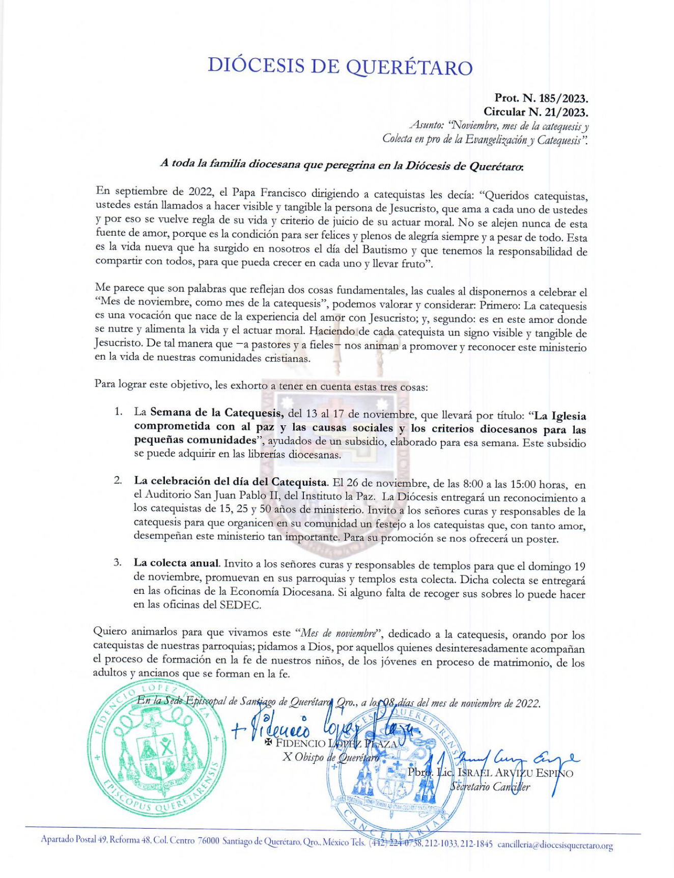 Circular N° 21/2023 Prot. N° 185/2023. Asunto: “Noviembre, mes de la catequesis y Colecta en pro de la Evangelización y Catequesis".